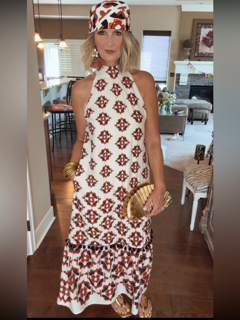 Sleeveless Printed Maxi Dress in Cream and Rust